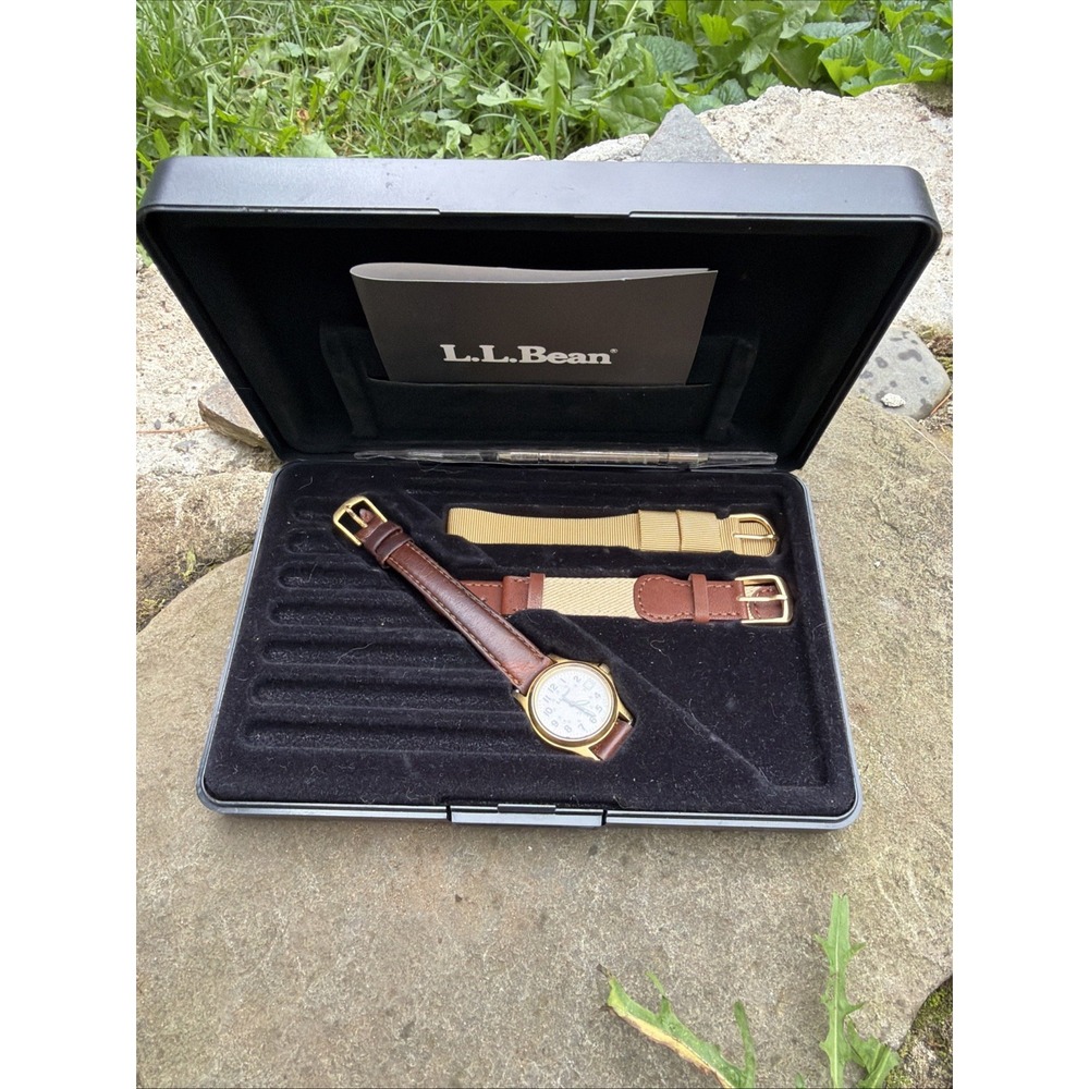 VTG L.L. Bean Quartz Analog Field Watch Boxed Set 3 Multi Leather Bands Rare - Picture 2 of 16